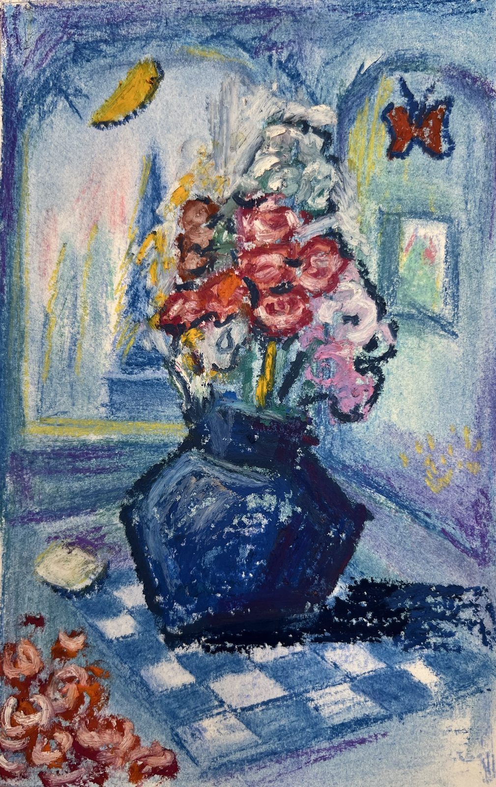 蓝色的花瓶里插着什么